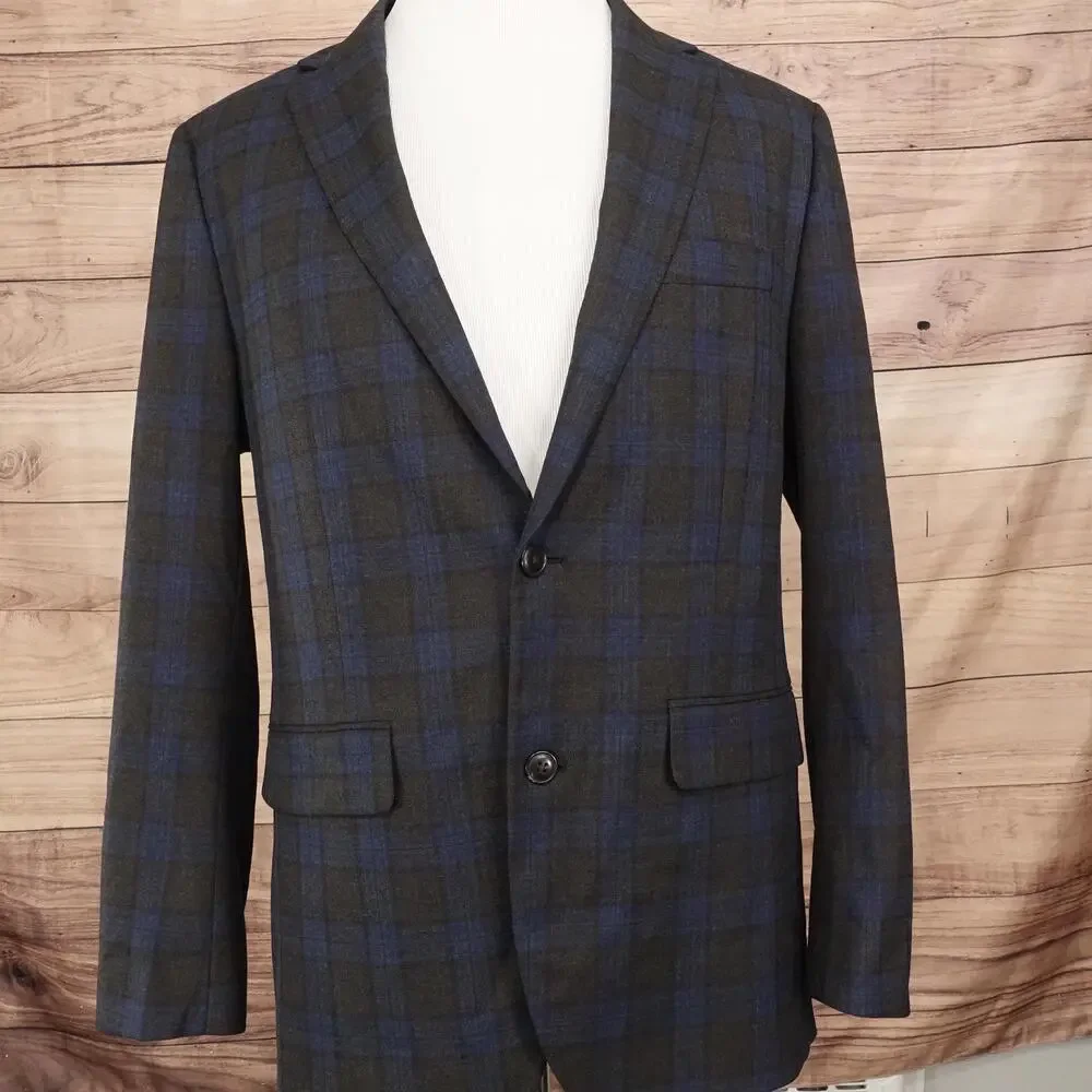 Fairlane Blazer Mens L Brown Blue Plaid Polyester Viscose Sport Coat Jacket